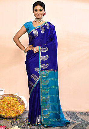 Mysore Silk Pure Crepe Silk Saree in Royal Blue
