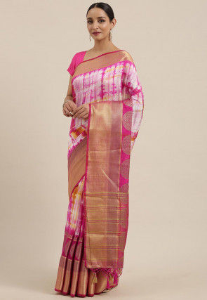 Mysore Tie N Dye Linen Silk Saree in Off White and Fuchsia