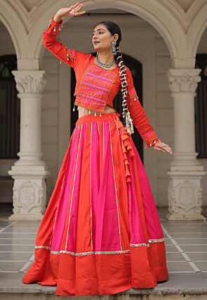 Navratri Special Art Silk Lehenga in Red and Fuchsia