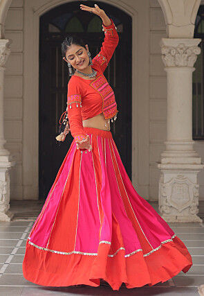 Navratri Special Art Silk Lehenga in Red and Fuchsia