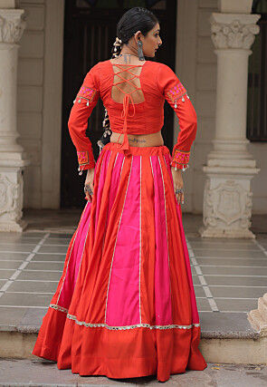 Navratri Special Art Silk Lehenga in Red and Fuchsia