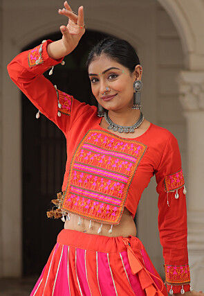 Navratri Special Art Silk Lehenga in Red and Fuchsia