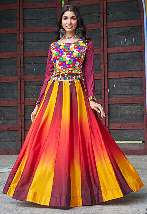 Navratri Special Chinon Chiffon Lehenga in Purple and Yellow