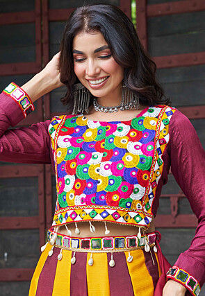 Navratri Special Chinon Chiffon Lehenga in Purple and Yellow