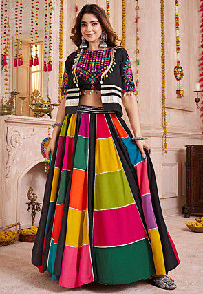 Navratri Special Viscose Cotton Tiered Lehenga in Multicolor