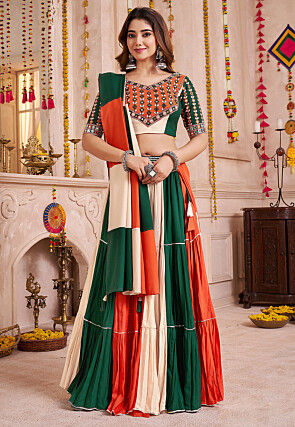 Navaratri Special Viscose Cotton Tiered Lehenga in Multicolor