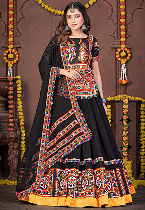 Buy Mahadev Fashion Women's Orange Cotton Lehenga with Black Phantom Silk  Half Sleeve Blouse Piece(Free size, 1422) at Amazon.in