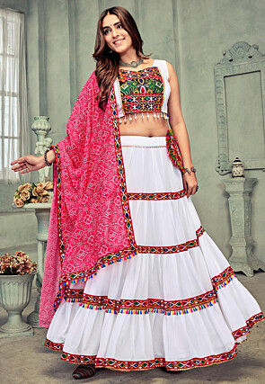 Navratri Kutch Georgette Tiered Lehenga in White