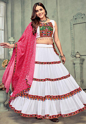 Navratri Kutch Georgette Tiered Lehenga in White