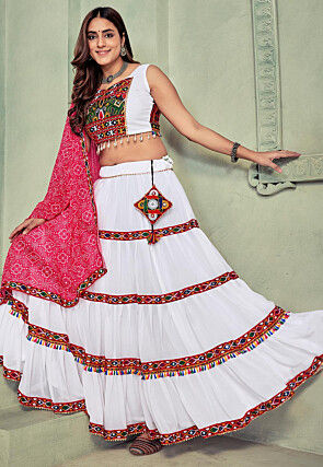 Navratri Kutch Georgette Tiered Lehenga in White