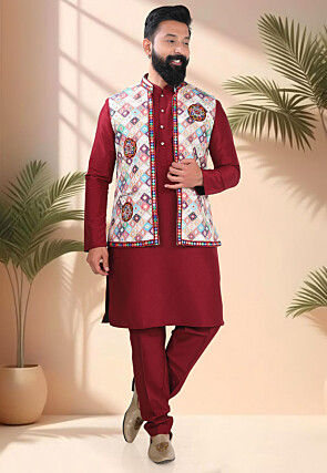 Navratri Special Art Silk Kurta Set in Maroon and Off White