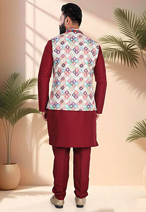 Navratri Special Art Silk Kurta Set in Maroon and Off White