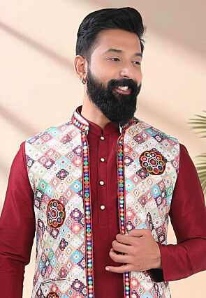 Navratri Special Art Silk Kurta Set in Maroon and Off White