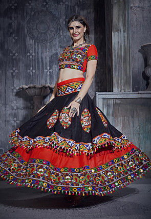 Navratri Special Art Silk Layered Lehenga in Black and Red