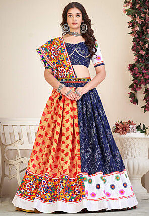 Navratri Special Art Silk Lehenga in Navy Blue and Beige