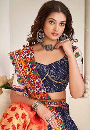 Navratri Special Art Silk Lehenga in Navy Blue and Beige