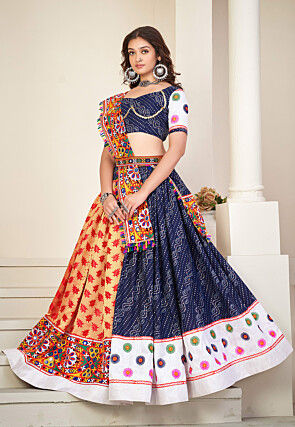 Navratri Special Art Silk Lehenga in Navy Blue and Beige