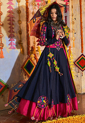 Navratri Special Art Silk Lehenga in Navy Blue and Pink