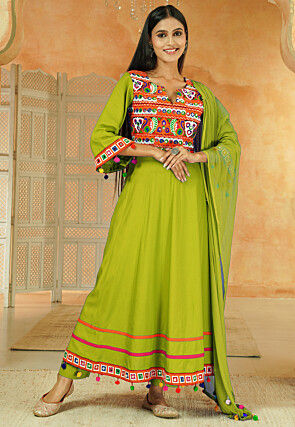 Navratri Special Cotton Anarkali Suit in Olive Green