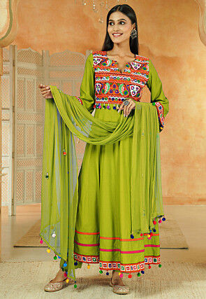 Navratri Special Cotton Anarkali Suit in Olive Green