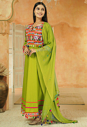 Navratri Special Cotton Anarkali Suit in Olive Green