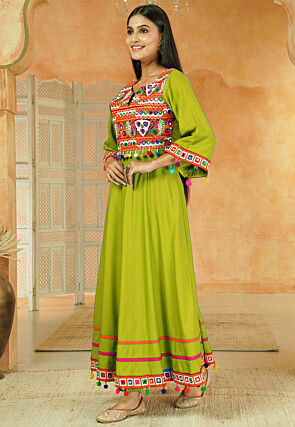 Navratri Special Cotton Anarkali Suit in Olive Green