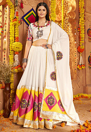 Navratri Special Cotton Lehenga in White and Yellow