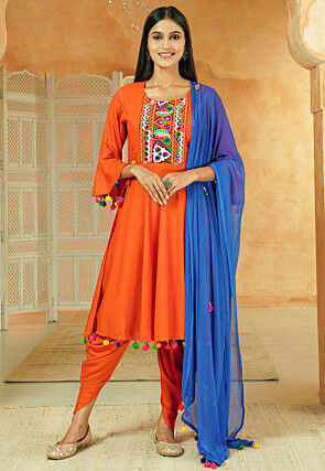 Navratri Special Cotton Punjabi Suit in Orange
