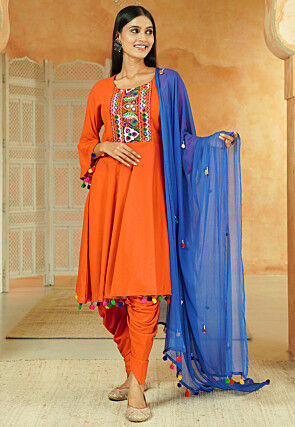 Navratri Special Cotton Punjabi Suit in Orange