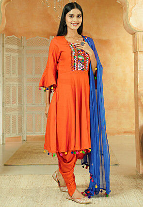 Navratri Special Cotton Punjabi Suit in Orange