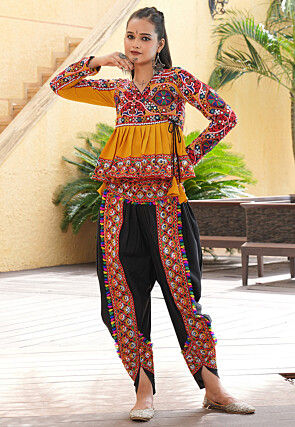 Navratri Special Crepe Angrakha Style Top Set in Mustard