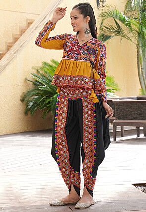 Navratri Special Crepe Angrakha Style Top Set in Mustard