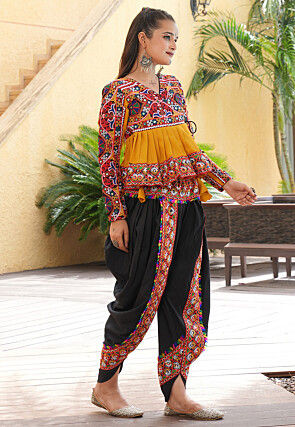 Navratri Special Crepe Angrakha Style Top Set in Mustard