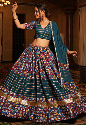 Navratri Special Crepe Lehenga in Teal Blue and Maroon