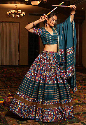 Navratri Special Crepe Lehenga in Teal Blue and Maroon