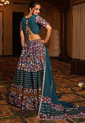 Navratri Special Crepe Lehenga in Teal Blue and Maroon