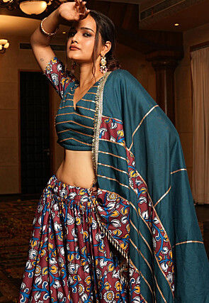 Navratri Special Crepe Lehenga in Teal Blue and Maroon