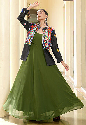 Navratri Special Georgette Gown in Olive Green
