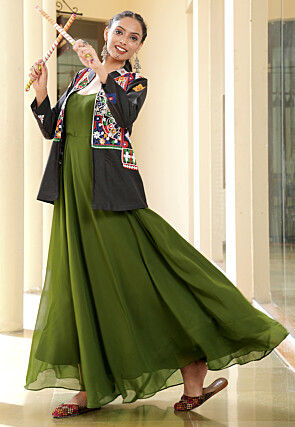 Navratri Special Georgette Gown in Olive Green