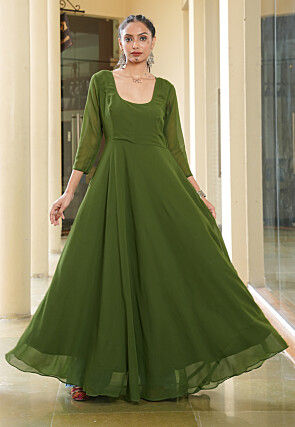 Navratri Special Georgette Gown in Olive Green
