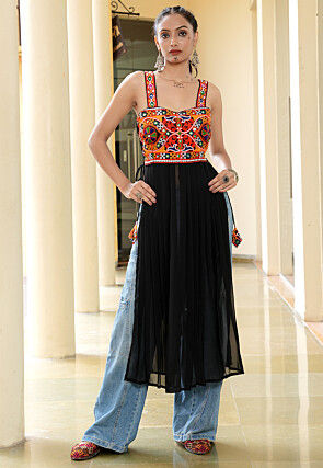 Navratri Special Georgette Straight Kurta in Black