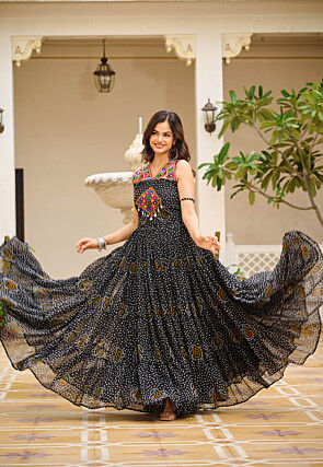 Navratri Special Georgette Tiered Gown in Black