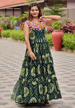 Navratri Special Georgette Tiered Gown in Dark Green