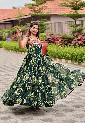 Navratri Special Georgette Tiered Gown in Dark Green