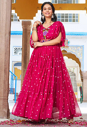 Navratri Special Georgette Tiered Gown in Fuchsia