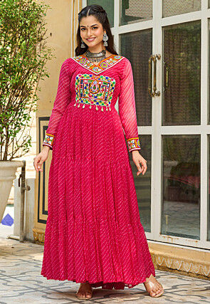 Navratri Special Georgette Tiered Gown in Fuchsia