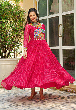Navratri Special Georgette Tiered Gown in Fuchsia