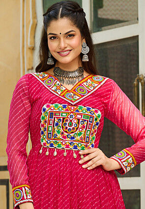 Navratri Special Georgette Tiered Gown in Fuchsia