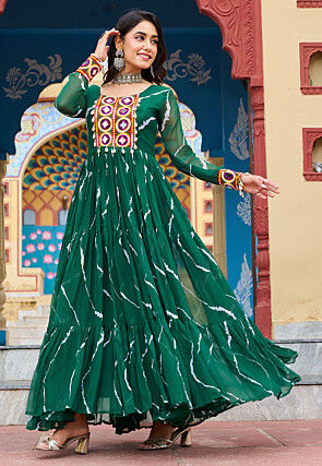 Navratri Special Georgette Tiered Gown in Green