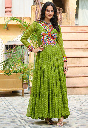 Navratri Special Georgette Tiered Gown in Light Green